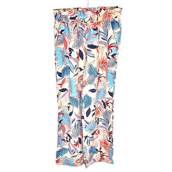Nicole Miller Linen Blend Wide Leg Pants Medium Paper Bag Waist Tropical Floral - Picture 2 of 7